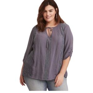 TORRID Grey Gauze Lace Inset Tie Front Blouse With Keyhole Detail Grey Size 2